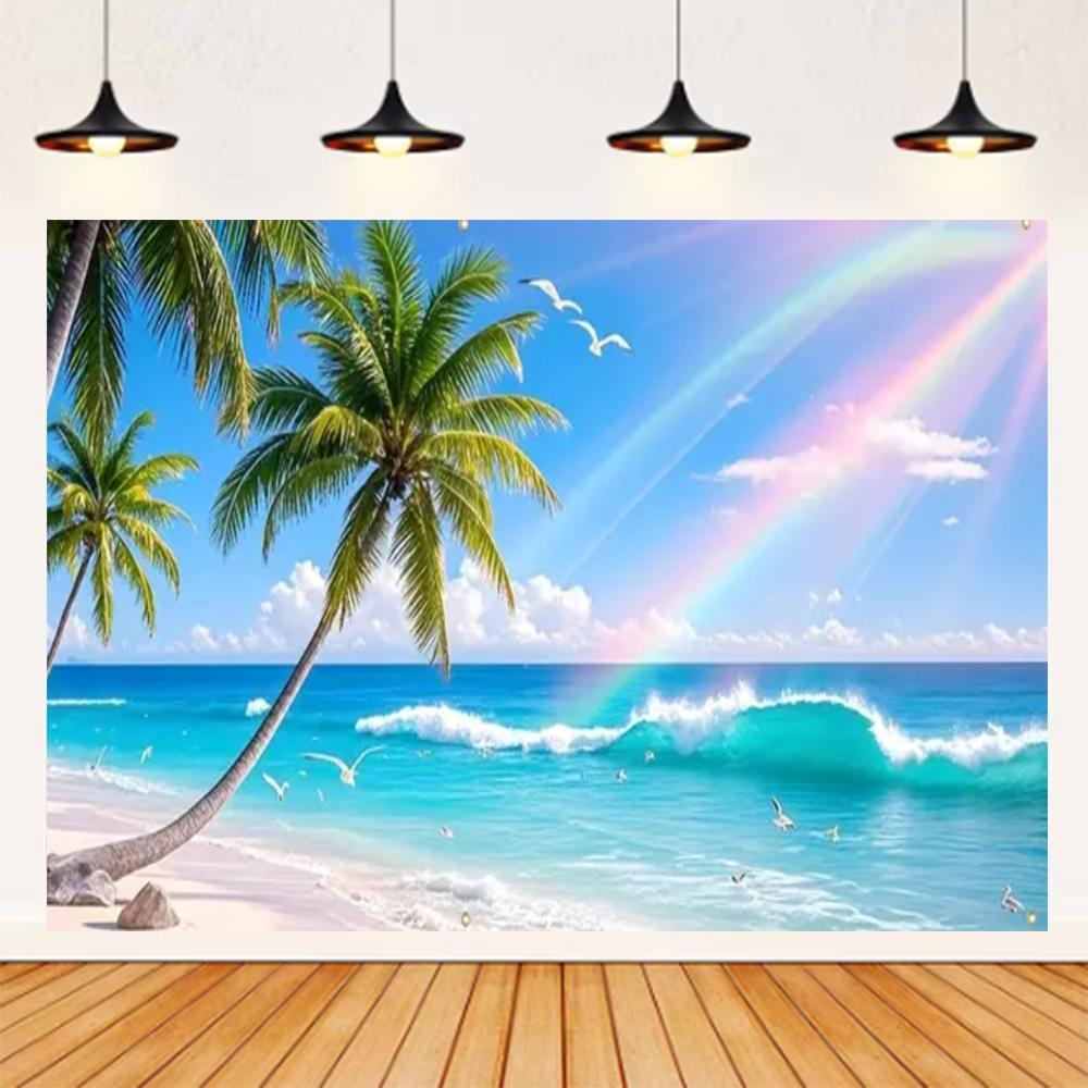 Summer Seaside Beach Theme Background Palm Tree Blue Sky Romantic Sunrise Sea Wave Photography Backdrop Supplies Party Decor