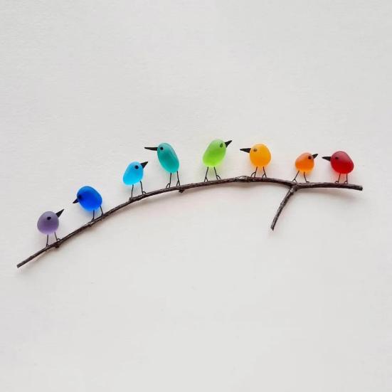 Sea Glass Rainbow Birds Decoration Standing on The Branch Cute Min Colorful Resin Bird Wall Art Ornament Living Room Bedroom Home Decor