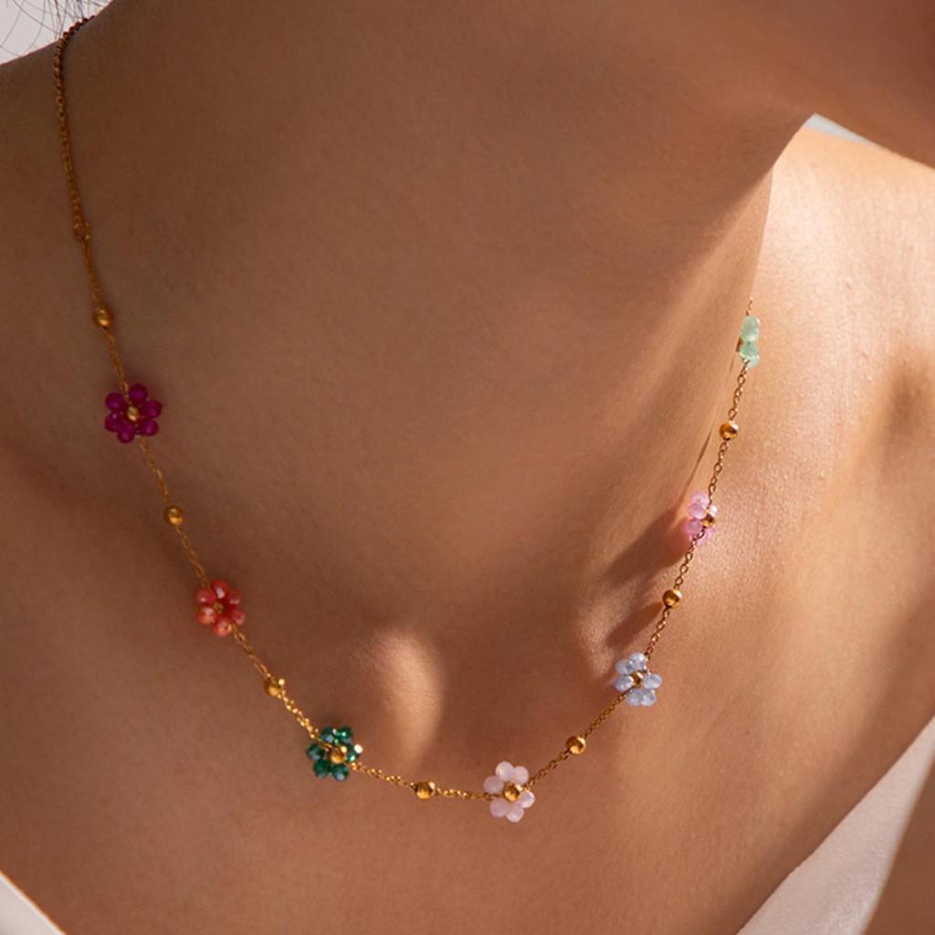 Women's Titanium Steel Crystal Flower Choker Necklace Set