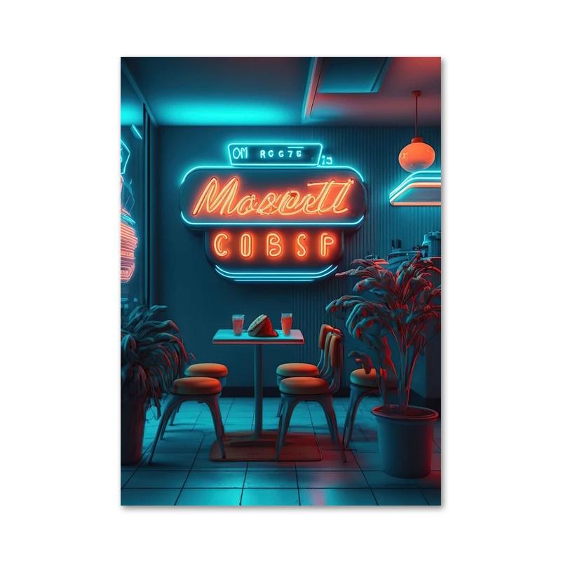 Colored Neon Lights Food and Beverage Posters Prints Hamburger Pizza Fruit Canvas Paintings Wall Art for Kitchen Home Decor
