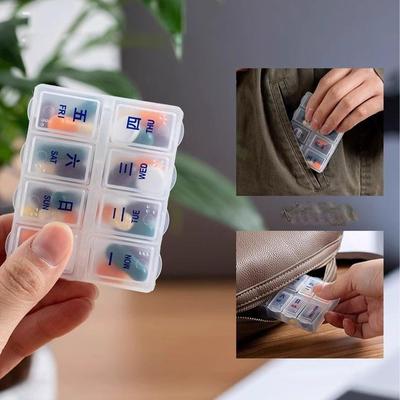 Pill Box 7-Day Pill Container for Purse Elderly Spill-Proof Container 8-Compartment Tablet Holder for College Dorm Cruise