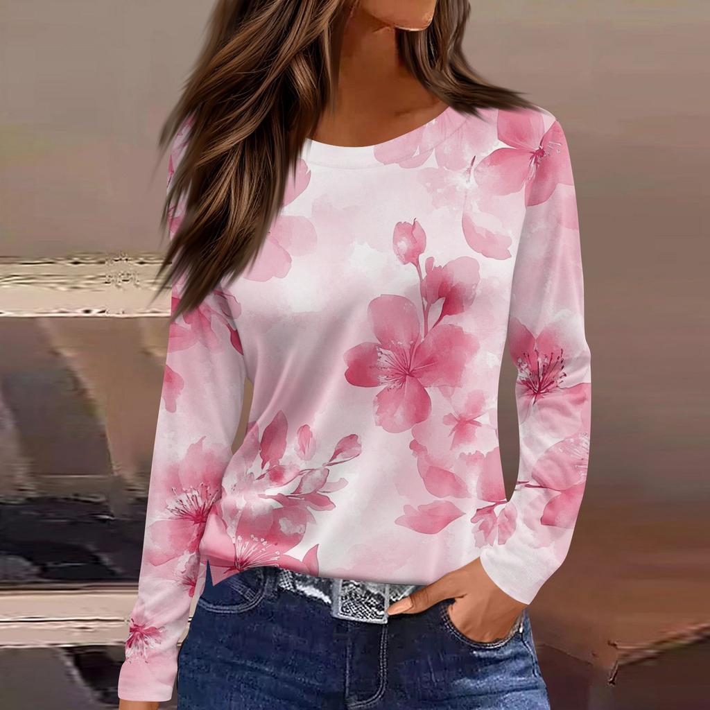 Dame Hverdagslig Langermet Trykket O-hals Topp