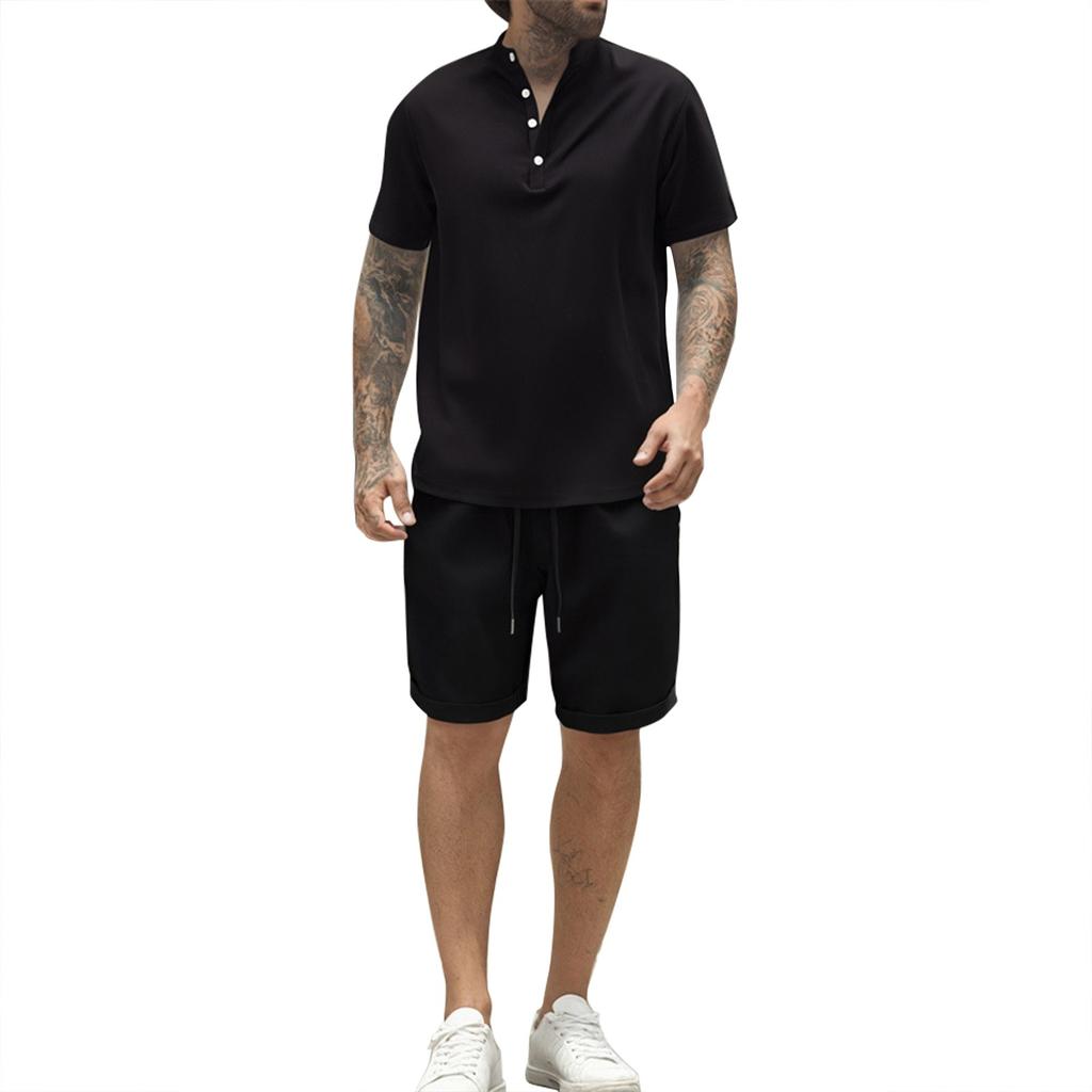 Men's Summer Solid Color Loose Short Sleeve Button Collar Top Shorts Set