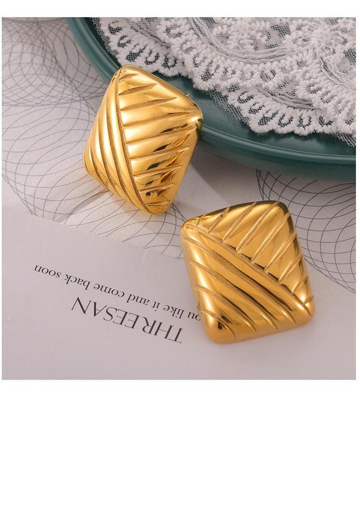 18K Gold Plated Titanium Steel Striped Earrings - European & American Style, Simple Niche Design, Non-Fading Fashion Accessory.