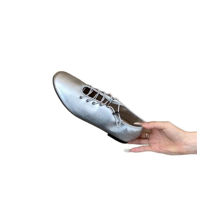 Korean version of niche design single shoes 2025 spring and autumn new lace-up small leather shoes ballet flat shoes round head single shoes