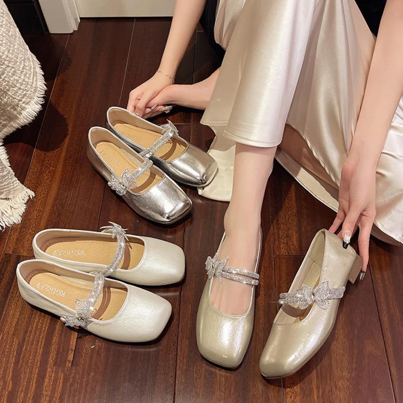 Shallow Mouth Crystal Shoes Woman 2025 Female Footwear Square Toe Rhinestone New Dress Summer Flat Mary Janes Crystal Shallow Mo