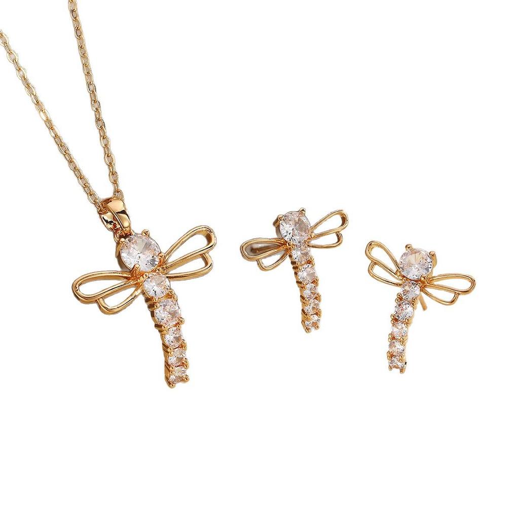 Elegantes Libellen Zirkonia Halsketten- & Ohrring-Set - Nischen-Design, Leichter Luxus Zweiteilig