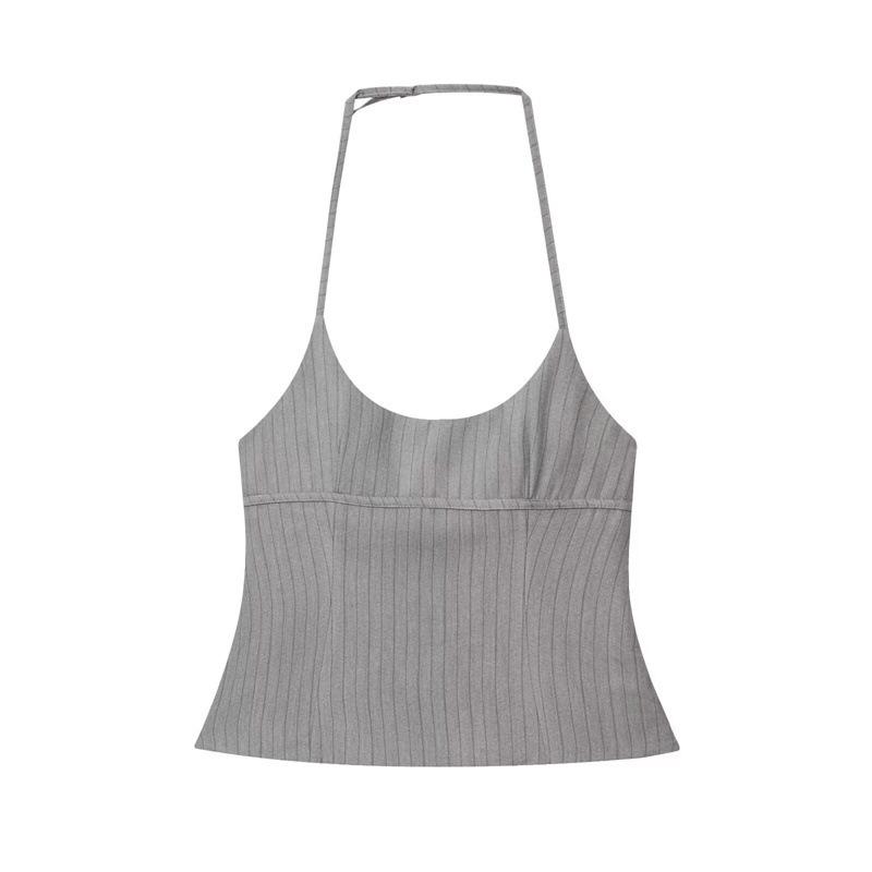European-American Style Backless Striped Halter Camisole Top XS как