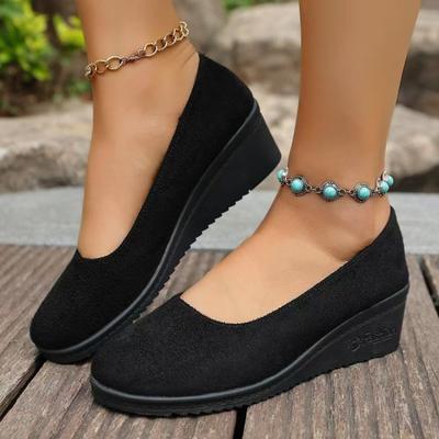 Spring and Autumn Solid Color Thick Bottom Light Mouth Comfortable Suede Soft Bottom Wedge Heel Round Head Single Shoes Large Size Women's Shoes