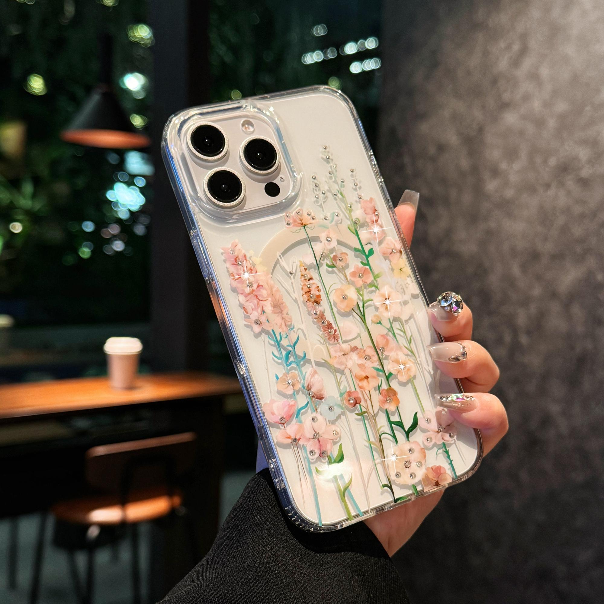 

For iPhone 15 Pro Case Compatible with MagSafe Laser Flower PC+TPU Clear Phone Cover Campanula