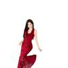 French Red Neck Halter Dress Women's Summer New Hip Wrap Slim Holiday Dress Dress Slim Dress Long Dress