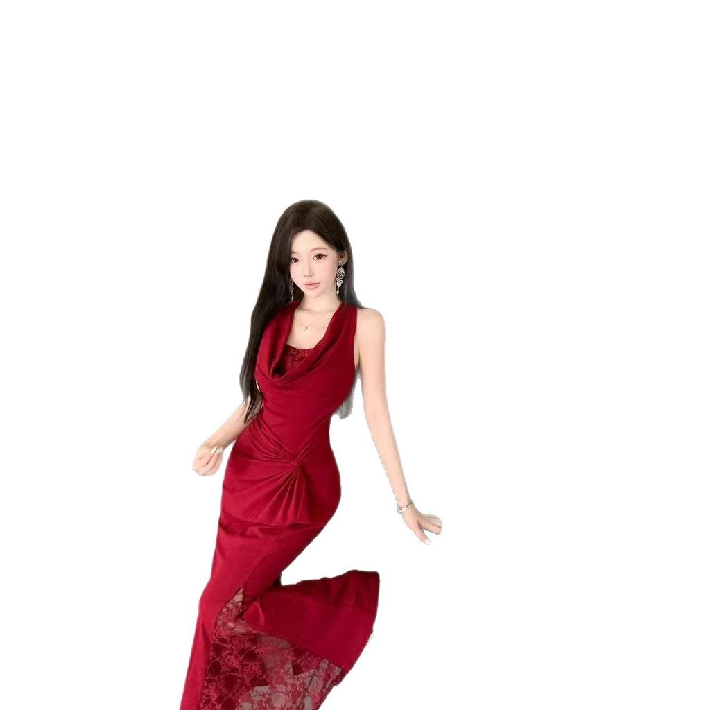 French Red Neck Halter Dress Women's Summer New Hip Wrap Slim Holiday Dress Dress Slim Dress Long Dress