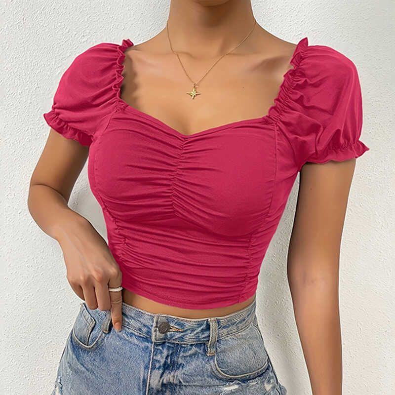 Square Necked Bubble Sleeve Top French style Square Shirt Women Sexy Low Cut Waist Hugging Top