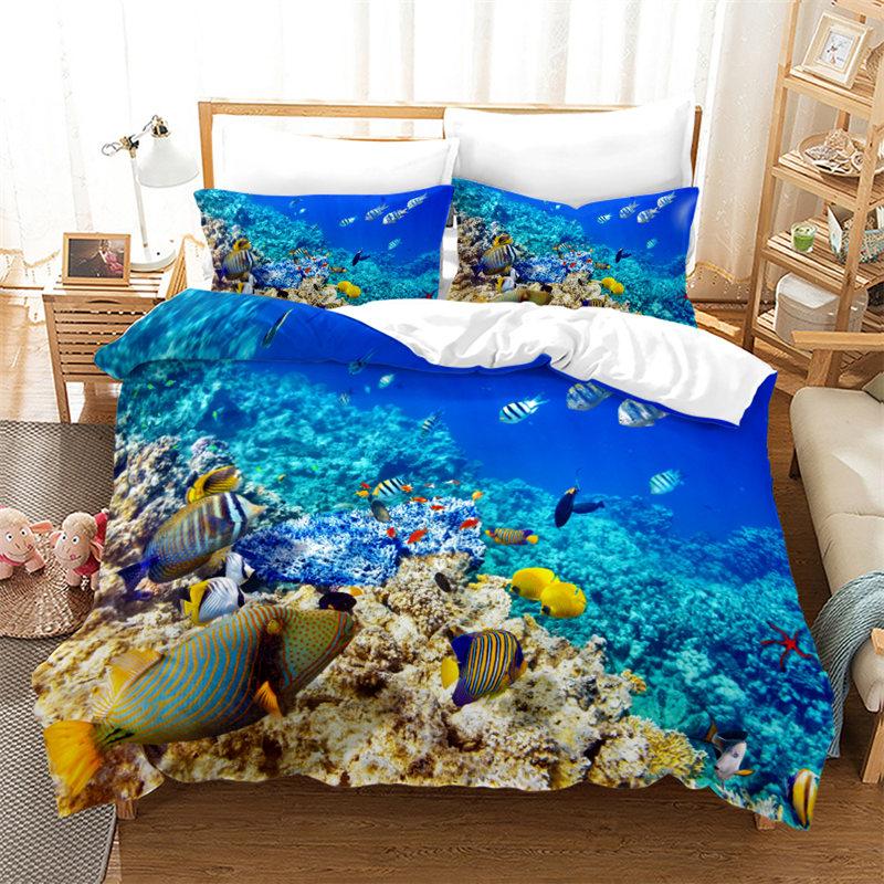 Cartoon Ocean Fish Duvet Cover Microfiber Marine Theme Bedding Set Sea Underwater World Quilt Cover Queen For Boys Girls