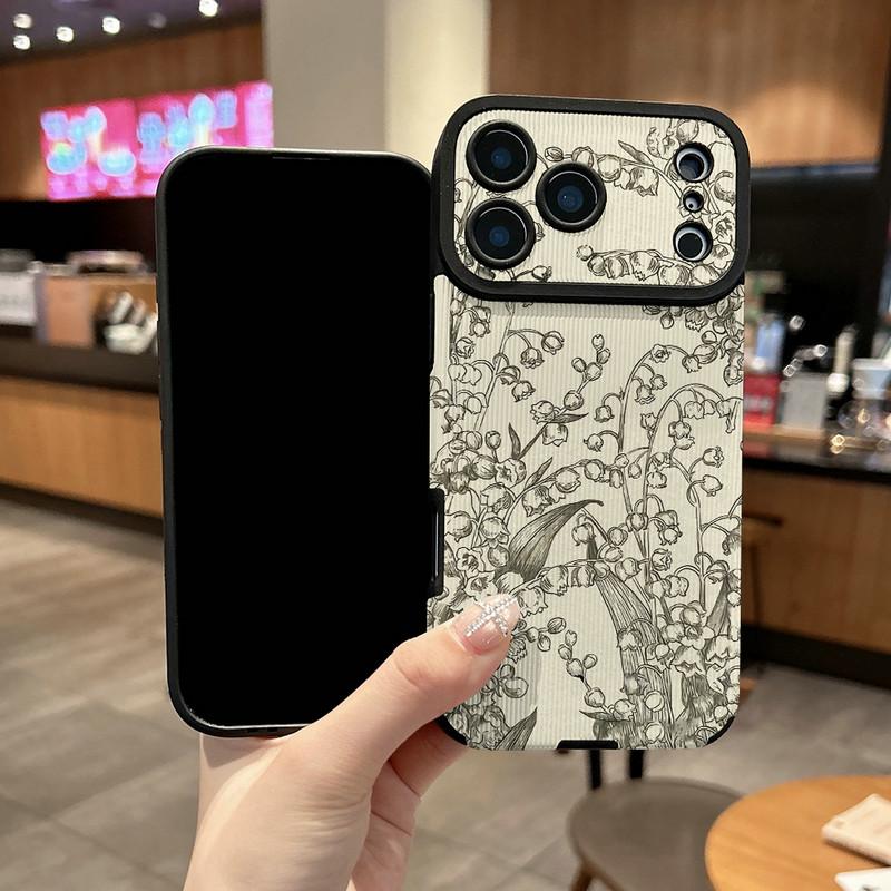 Floral Plants Printed Vertical Grain Leather Soft Silicone Phone Case Back Cover with Camera Lens Full Protection for iPhone 17