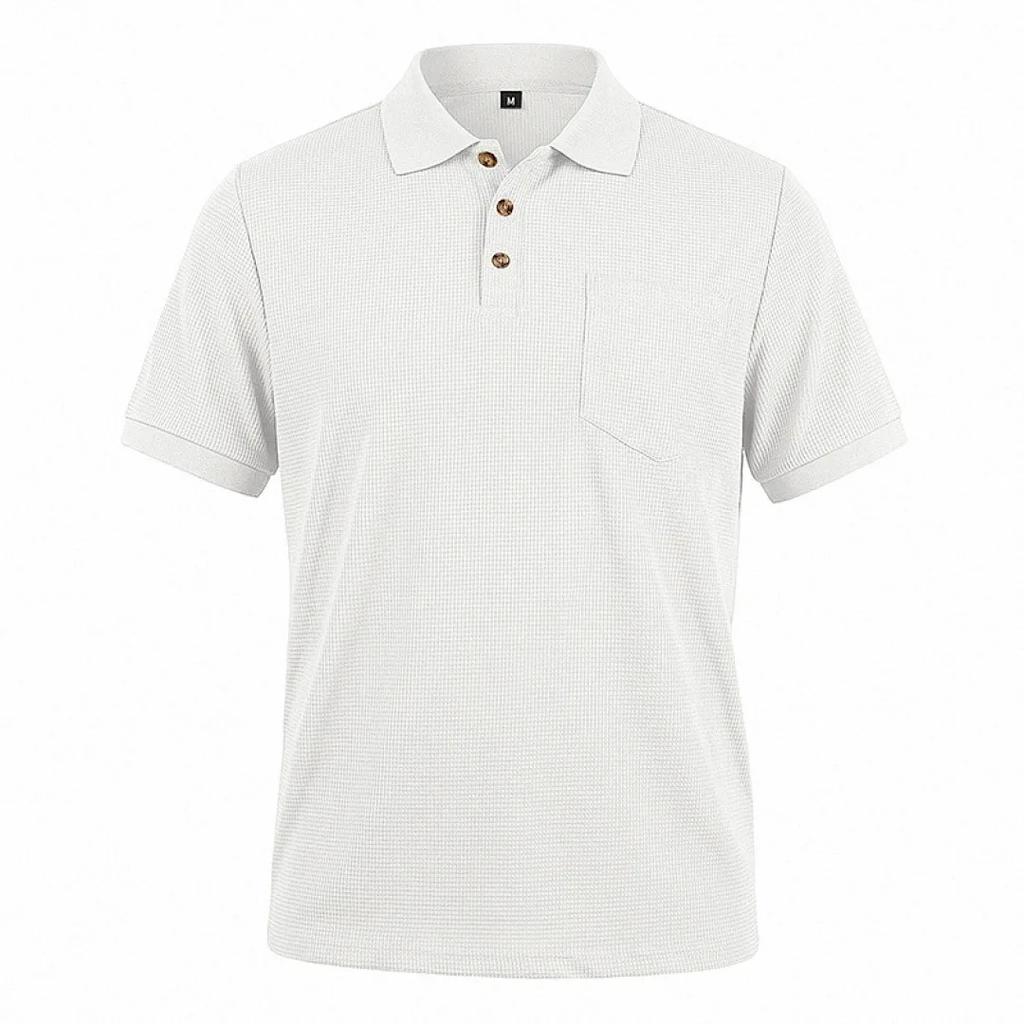 Men's Breathable Waffle Knit Polo Shirt Short Sleeve Button Placket Chest Pocket Loose Fit Summer Tops