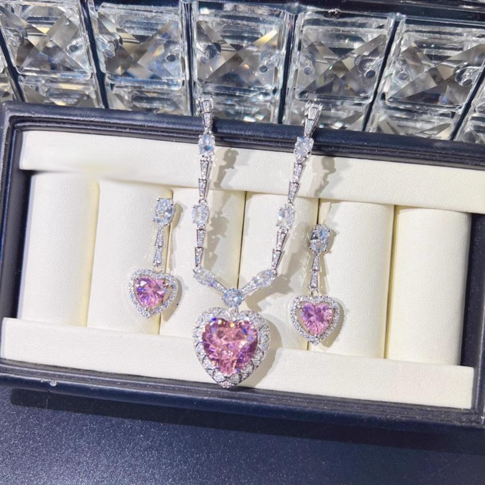 Elegant Pink Heart Zircon Necklace Set with Earring Ring Fashion Jewelry for Women