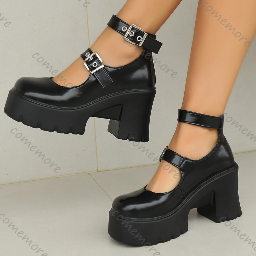 Comemore Gothic Chunky Platform Pumps for Women Super High Heels Ankle Strap Mary Jane Shoes Woman Patent Leather Women Heels