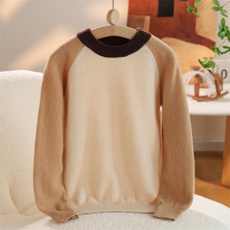 Kids' Patchwork Color Block Wool Sweater - Autumn/Winter Round Neck Pullover for Boys & Girls
