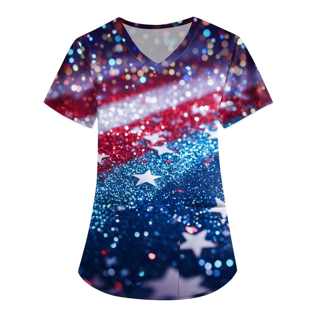 Women's Fashion V-Neck Short Sleeve Overalls With Pockets Print Tops Clothes