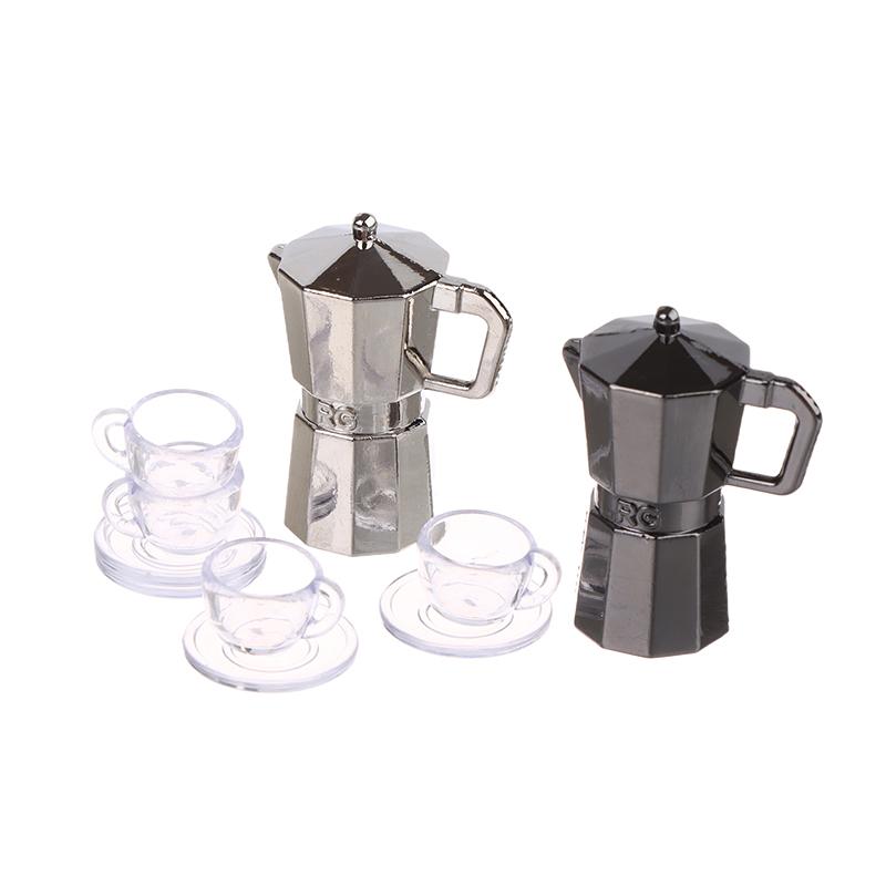 1Set 1:12 Dollhouse Miniature Coffee Pot Metal Kettle Moka Pot W/Cup Tray Kitchen Home Model Decor Toy Doll House Accessories