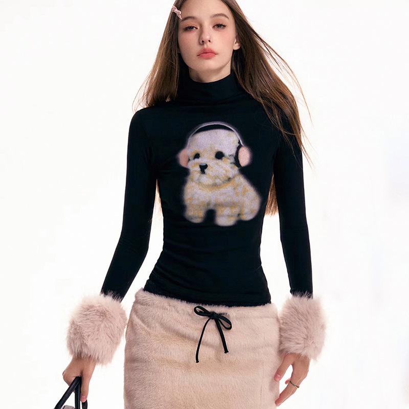 Spring and Autumn Women's Fashion Dog Print Plush Cuffs Long Sleeved T-shirt