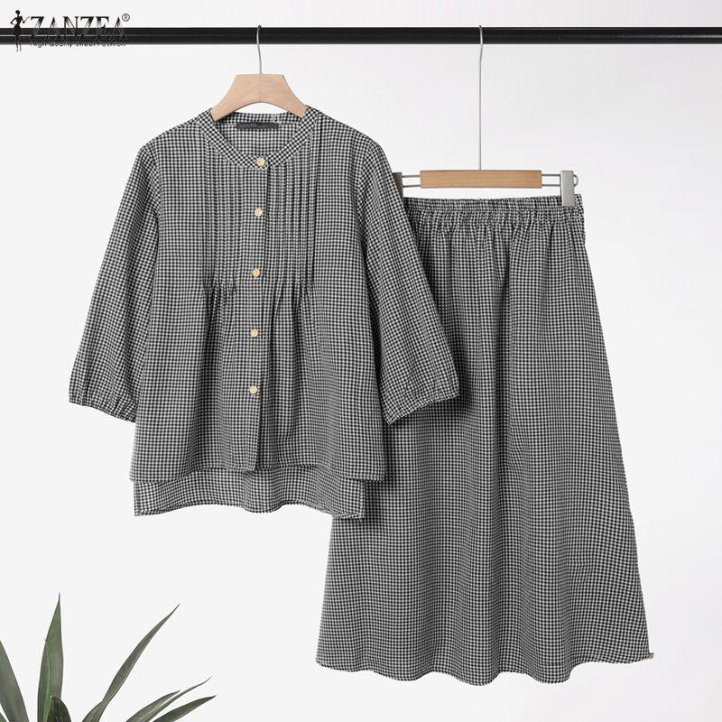 ZANZEA Women 3/4 Sleeve Blouse and Long Skirts Plaid Print Two Piece Suit Sets