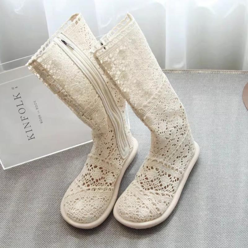 2025 European and American new spring/summer flat heel short boots flat bottomed hollow mesh boots women's cool boots