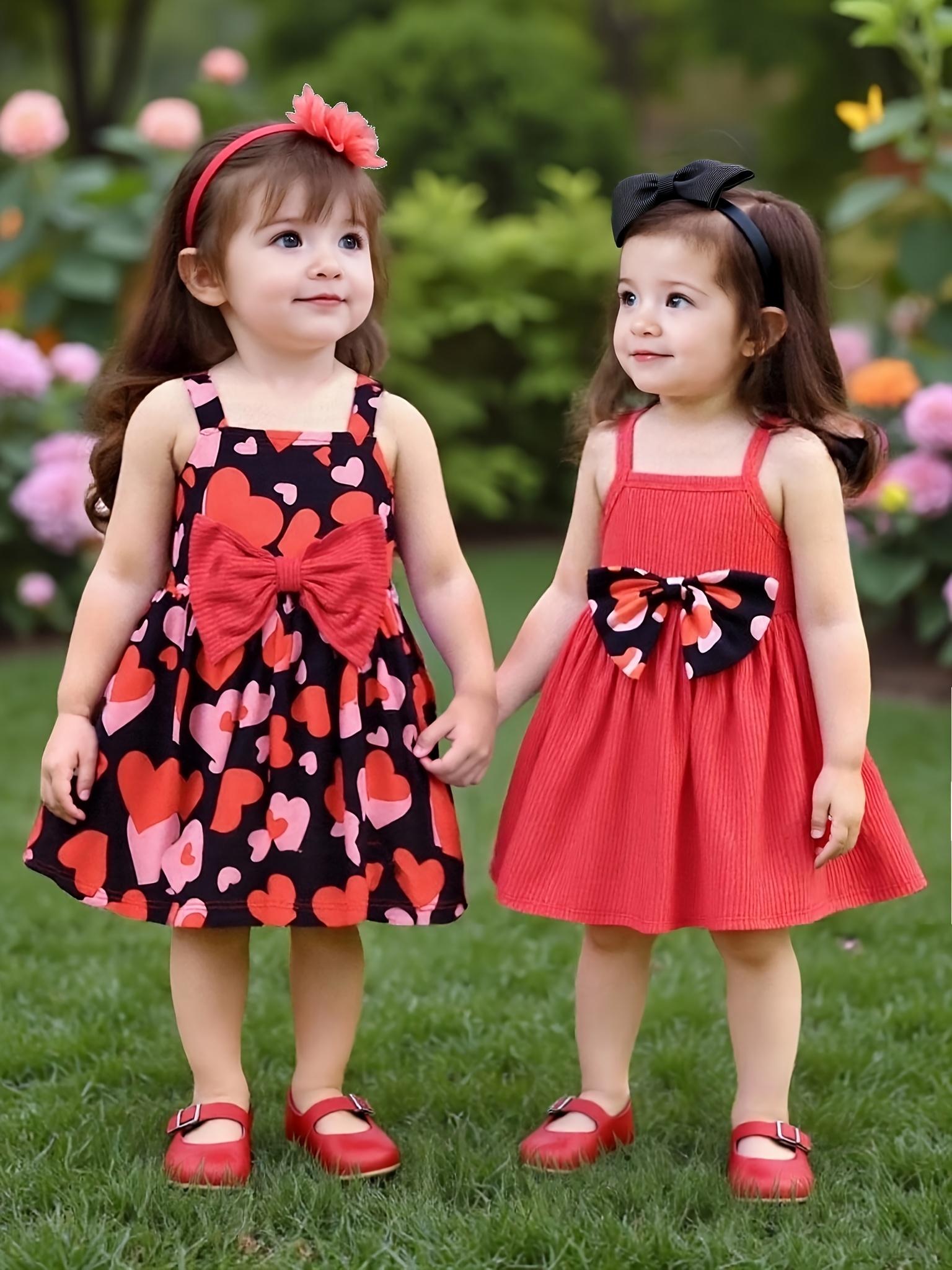 

2pcs Baby Girl Summer Dress Set, Heart Print & Solid Outfits 18-24M кадмій червоний колір