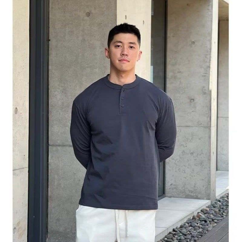 

Повседневная футболка с длинным рукавом и воротником Генри, тонкий топ, легкая роскошь, мужская, осенне-зимняя базовая, новый свободный стиль L серый