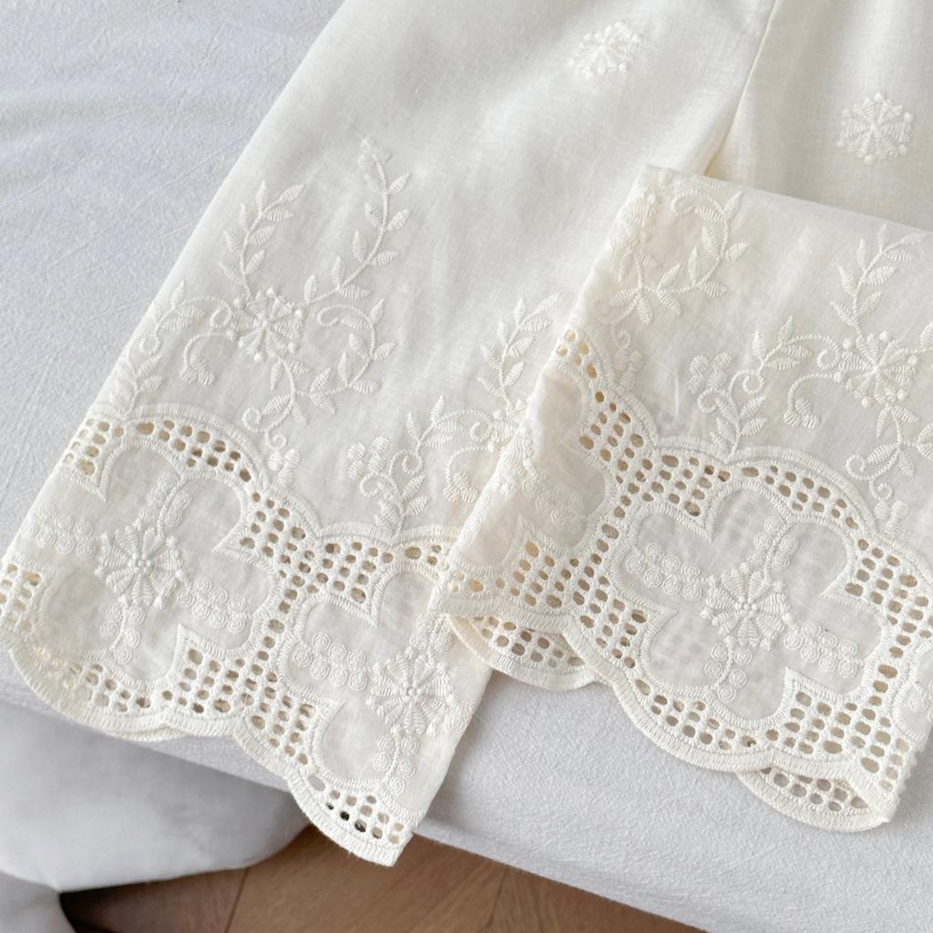 Summer Girls' Outfit New Style Lace Embroidered Tank Top And Lace Wide-Leg Pants Two-Piece Set