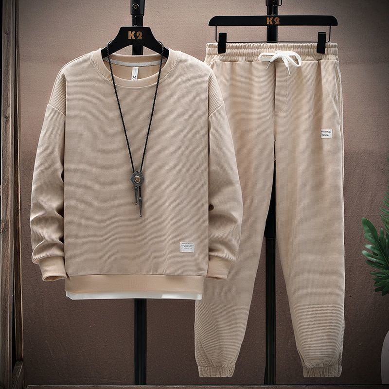 Sommer herre vaffelsett casual t-skjorte og buksesett herre sportsdress 2-pris sett ensfarget treningsdress løse dresser