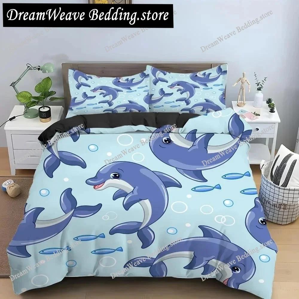 Bule Dolphin Whale King Queen Duvet Cover Underwater World Bedding Set Cartoon Sea Animal Comforter Cover Polyester Quilt Cover