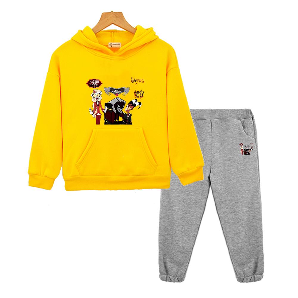 Kinder Weihnachts Kleidung helluva boss Print Kapuzenpullover Fleece Herbst Sweatshirt Jacke Bequemes 2-teiliges Pullover+Hose Jungen Mädchen Sportsets