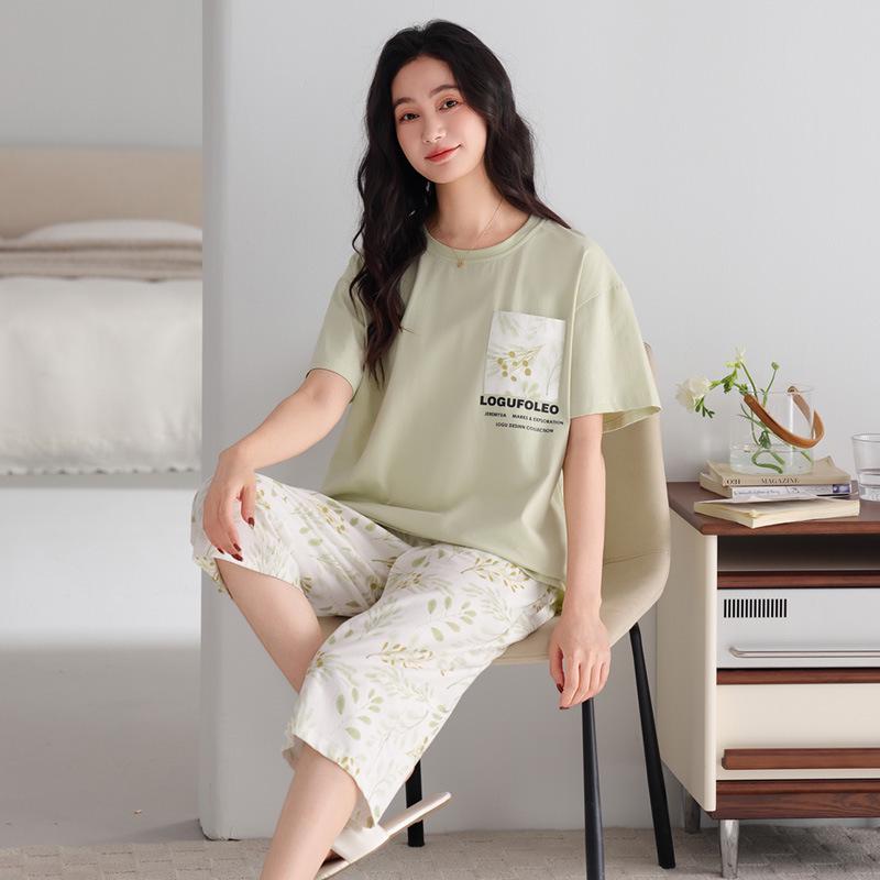 Women's Summer Pajama Set: Thin Modal Cotton Silk, Short Sleeve, Seven-Point Pants, Casual Wear.