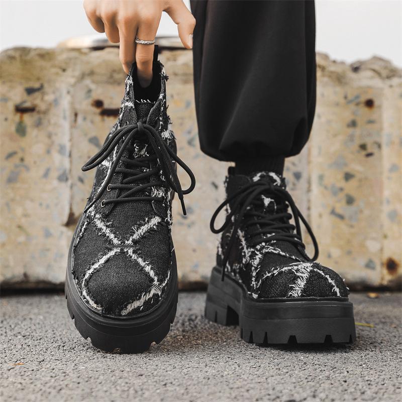 mens fashion platform boots lace-up canvas shoes cowboy autumn winter boot punk hip hop dress black designer stylish ankle botas