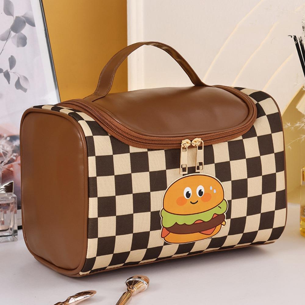 PU Leather Checkerboard Makeup Bag Hamburger Hamburger Travel Wash Bag  Outdoor