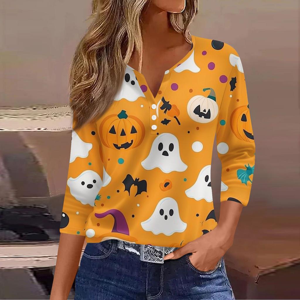 Damen Lässige Mode V-Ausschnitt Locker Vielseitig Halloween-Print Dreiviertelarm Oberteil