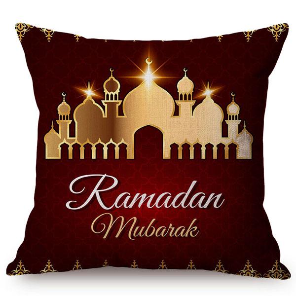 Cotton Linen Sofa Throw Pillow Case, Classic Islam Ramadan Kareem Decoration, Mosque Castle And Moon Pattern, Yellow