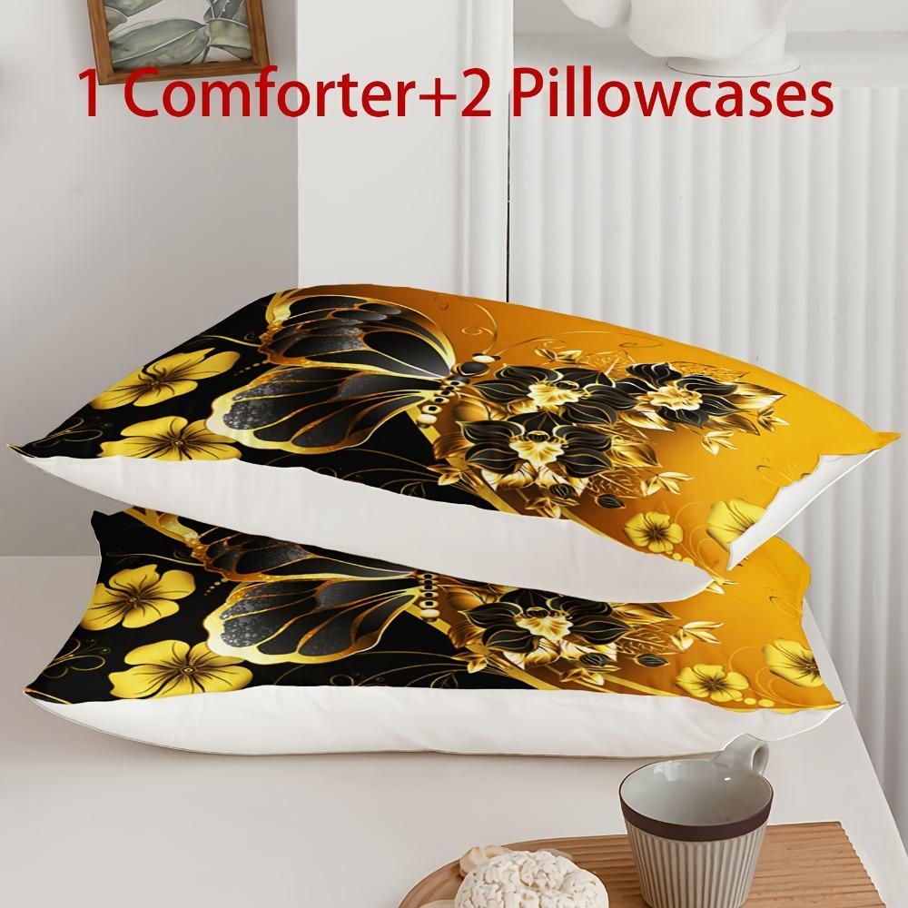 3pcs Golden Bedding Set Butterfly Flowers 3D Printed Cozy Duvet Cover King Queen Twin Size Birthday Gift for Adult Bedroom Decor