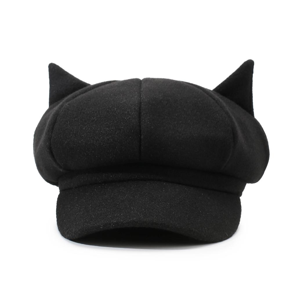 Cute Cat Ear Octagonal Hat, British Retro Wool Beret, Women's Solid Color Trendy Painter Hat
