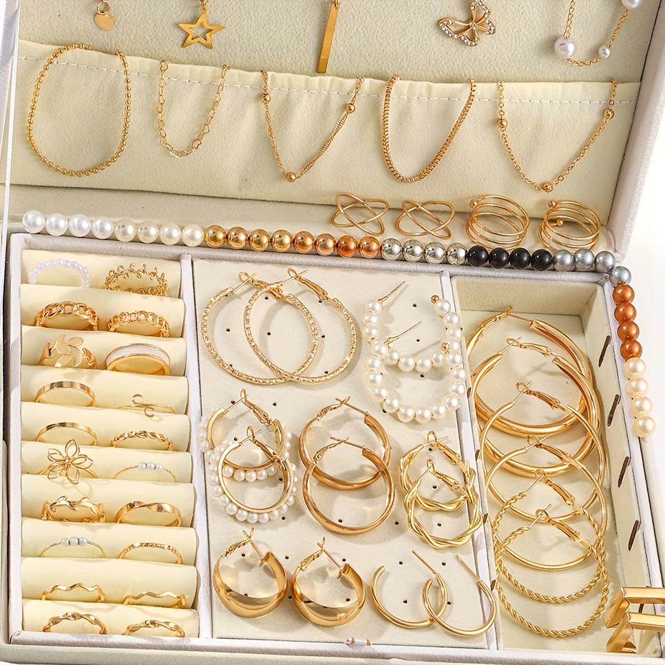 17KM 92Pcs Women's Fashion Jewelry Set Contain Hoop Earrings Stud Earrings Bracelet Necklace and Ring Versatile Daily Jewelry