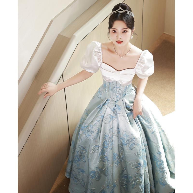 One-word shoulder blue evening dress skirt femininity art style light luxury niche feeling French host annual meeting