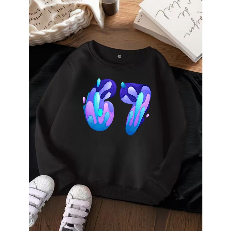 Unisex Kids Crewneck Sweatshirt For Over 4 Years Old Boys Girls Gradient Liquid Drip Number 67 Print Soft Fleece Long Sleeve Pullover For 4-12 Kids