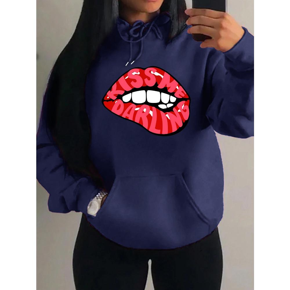 Kiss Me Darling Red Lips Print Hoodies Woman Autumn Fleece Hoody Casual Hip Hop Streetwear Loose Pullovers