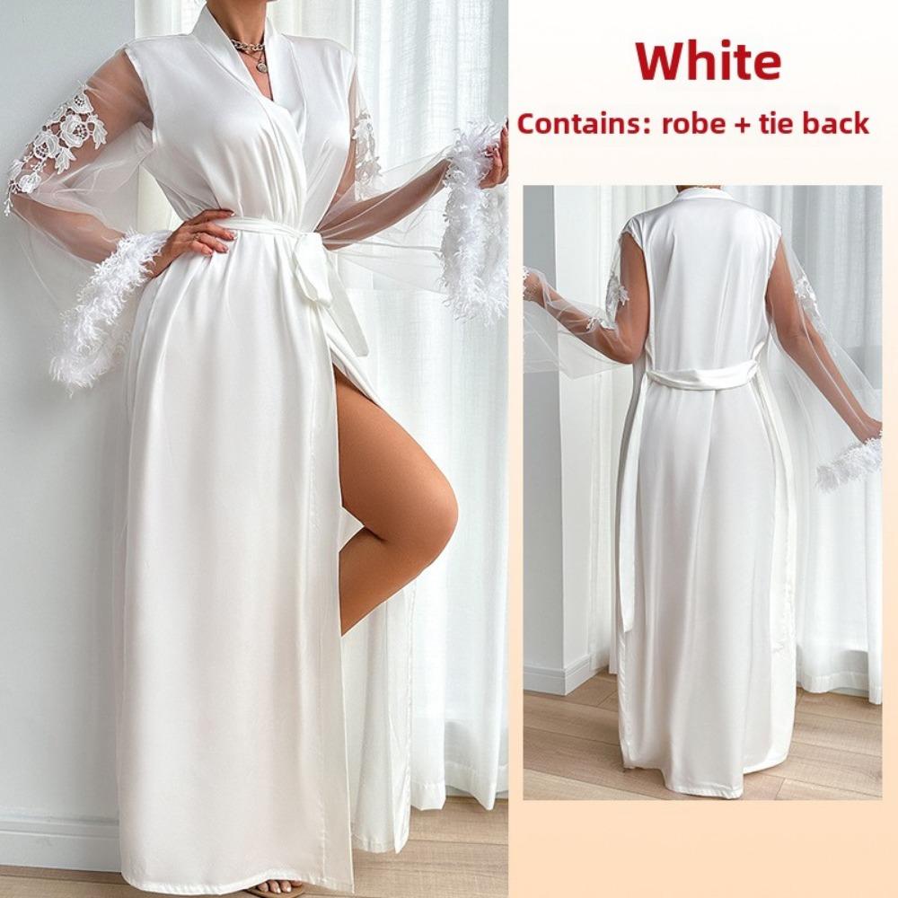 Satin Pajamas Women's Lace Light Luxury Long-sleeved Cool Nightgown Bathrobe Loungewear