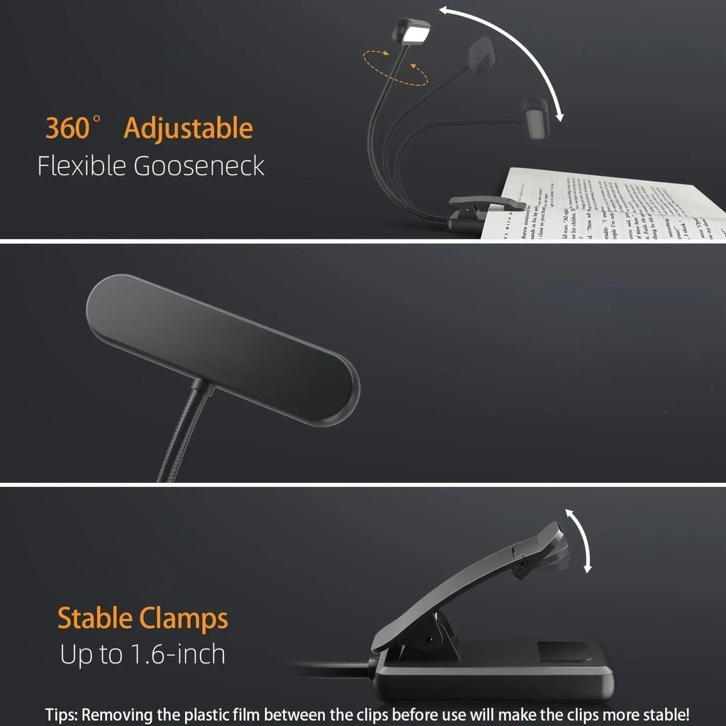 LED Book Light Reading Light Eye Caring Clip-on USB Rechargeable Dimmable Light Lamp Adjustable Flexible Night Reading Lamp