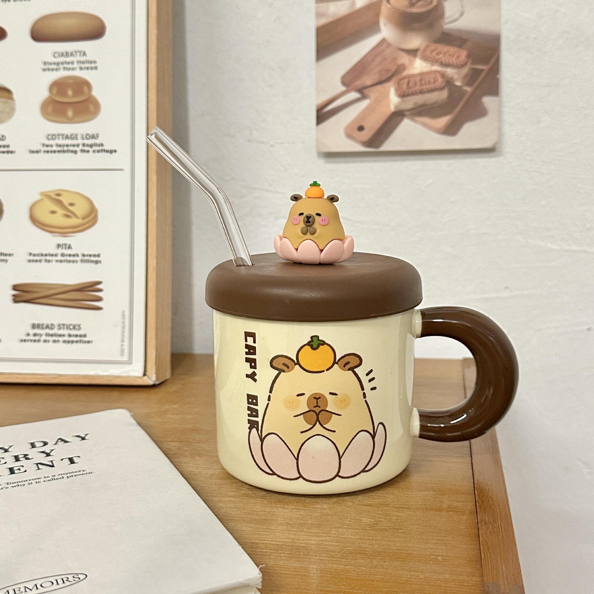 

Ceramic Cup with Lid and Straw Water Cup Cute Kapibala Mug High Looking Girl s Home Coffee Cup 301-400ml