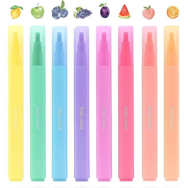 Fruity Scented Highlighters Set of 8, Pastel Chisel Tip Markers for Journaling, Note Taking, School & Office Supplies (8 Pcs)