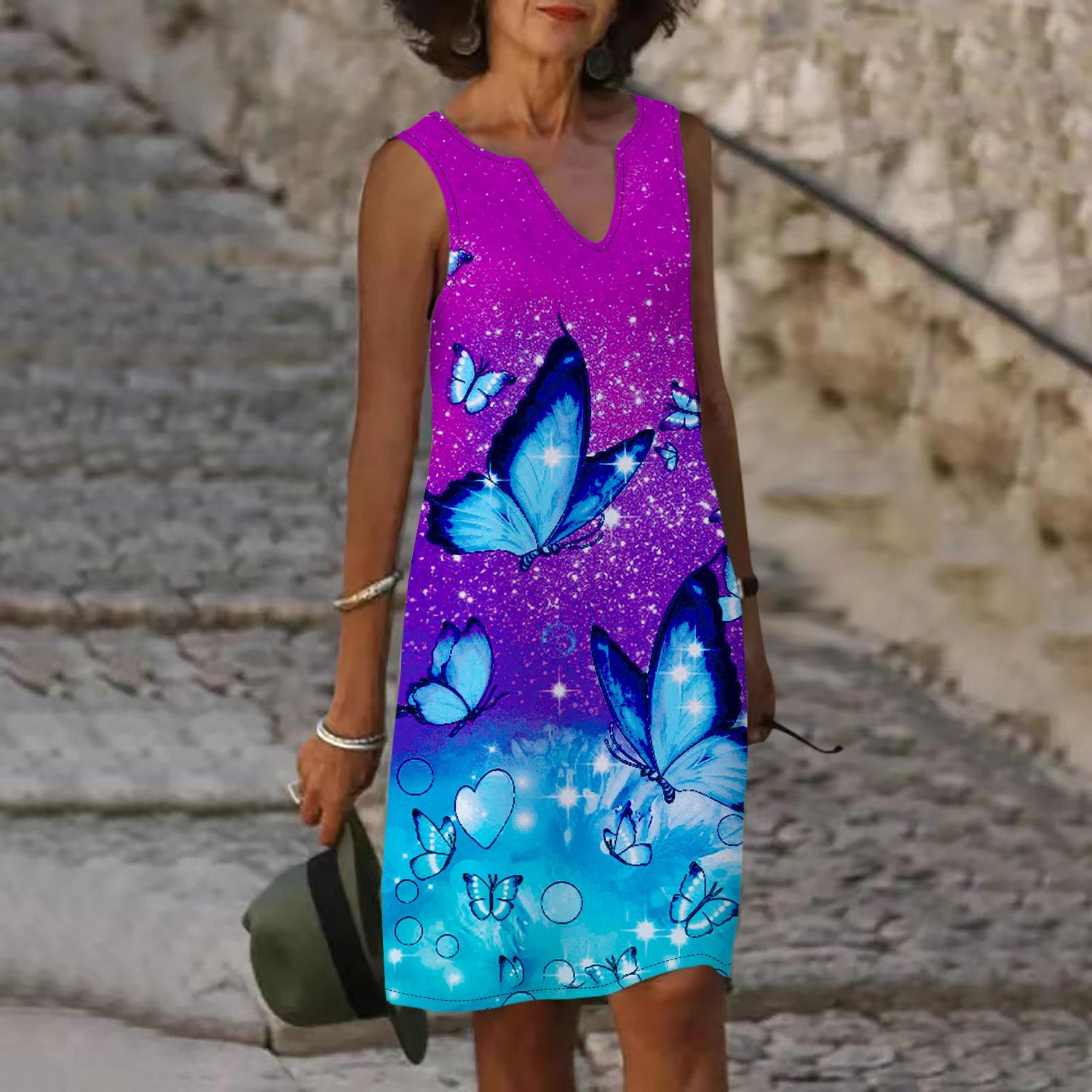 

Женское летнее фиолетовое платье с v-образным вырезом и принтом бабочки, повседневное модное платье без рукавов, повседневные свободные сексуальные платья размера плюс XS-8XL 8XL светло-синий